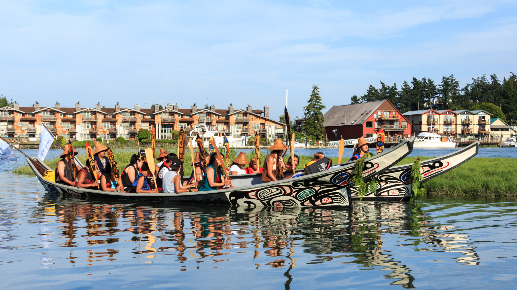 Native canoes being brought to shore.