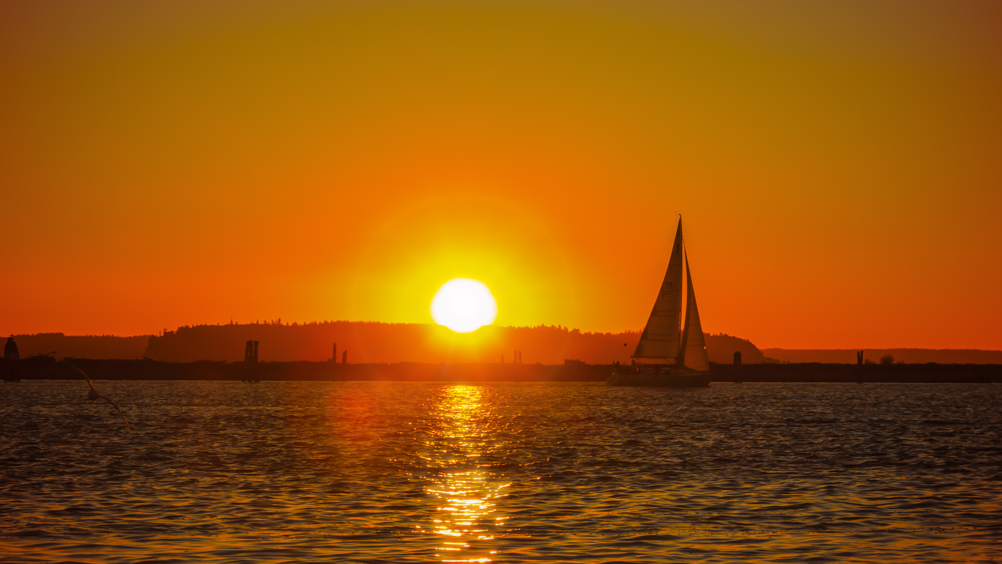 A sailboat silhouetted by orange sky and sunset.