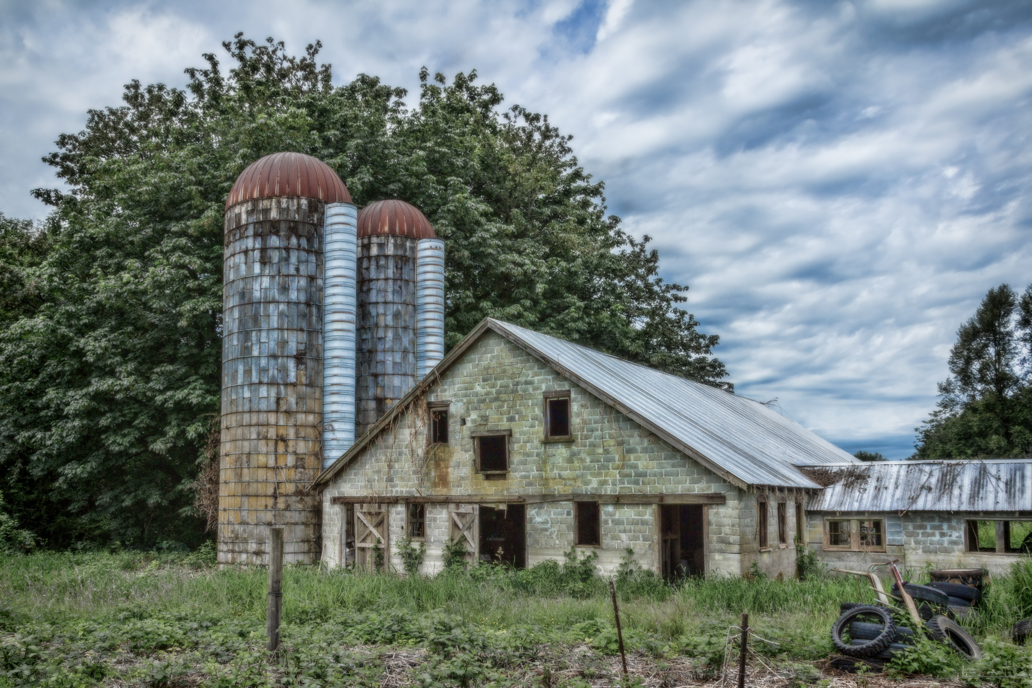 A barn and silo backed by trees and cloudy sky.