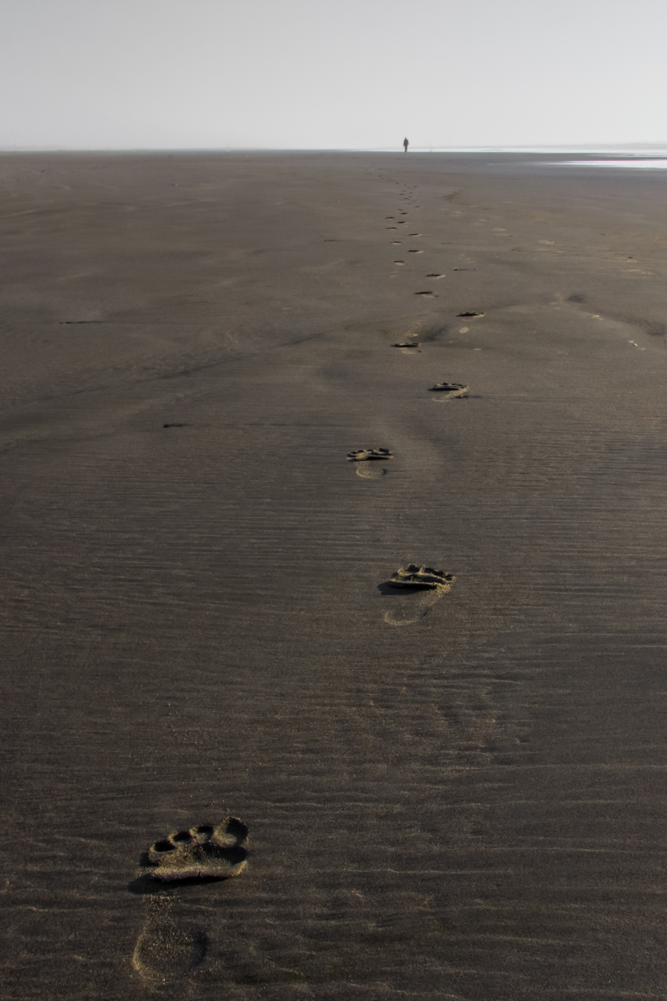 Footprints on a smooth beach leading to a lone figure walking in the distance.